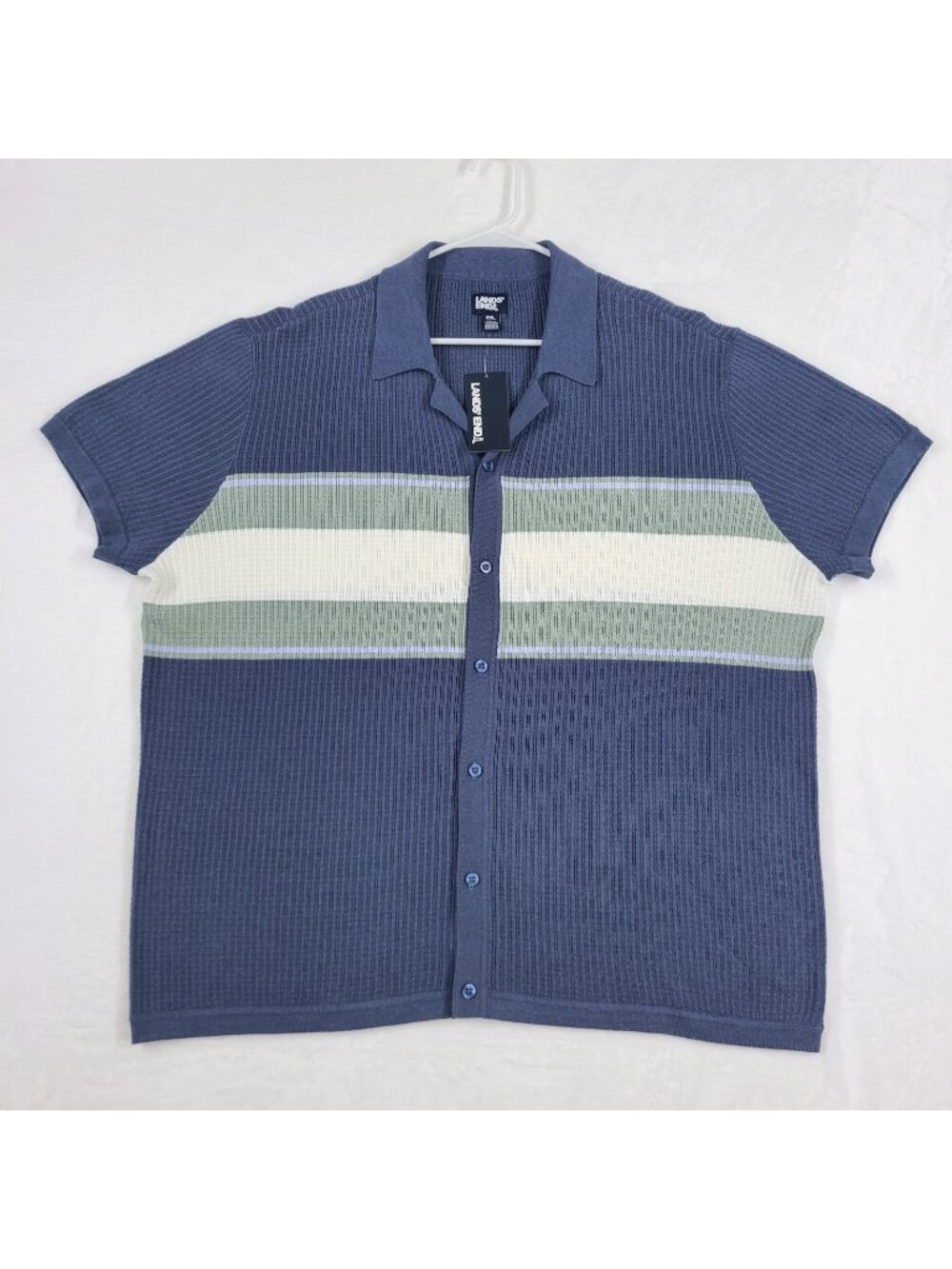 Lands' End Men's Knit Polo Shirt 2XL Big & Tall Striped Blue Green Cream Button